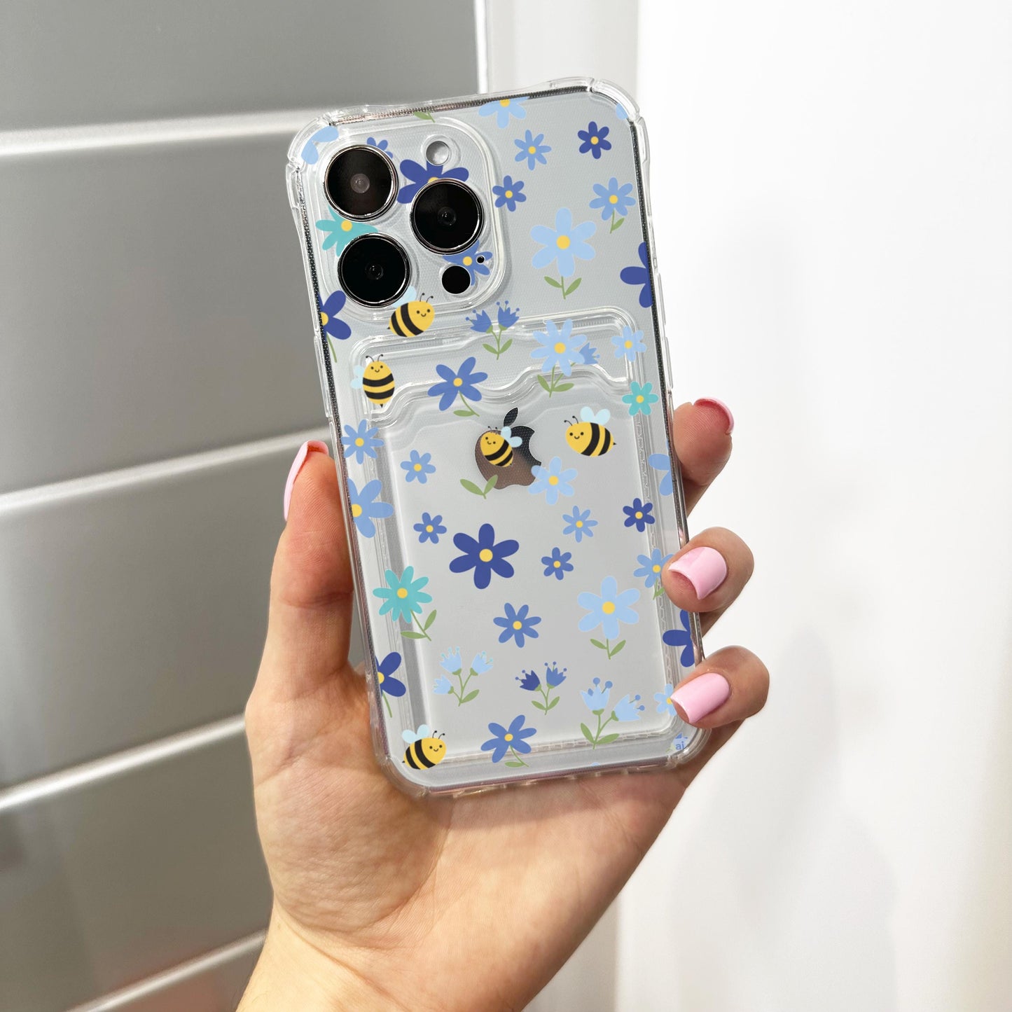 Blue Flower Bee Card Holder Phone Case for iPhone 17 16 15 14 13 12 11 11 Pro Max Mini 7 8 XR XS X Wallet Shockproof Phone Cover Custom Name