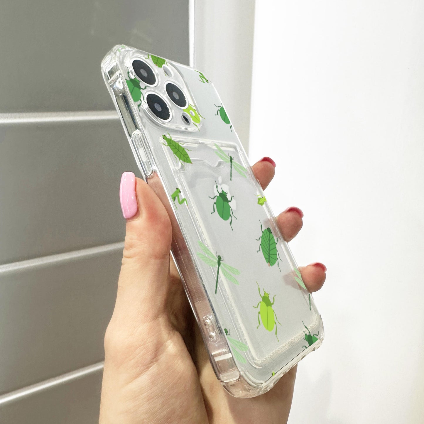 Green Insect Card Holder Phone Case for iPhone 17 16 15 14 13 12 11 11 Pro Max Mini 7 8 XR XS X Wallet Shockproof Phone Cover Custom Name