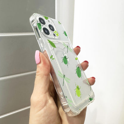 Green Insect Card Holder Phone Case for iPhone 17 16 15 14 13 12 11 11 Pro Max Mini 7 8 XR XS X Wallet Shockproof Phone Cover Custom Name