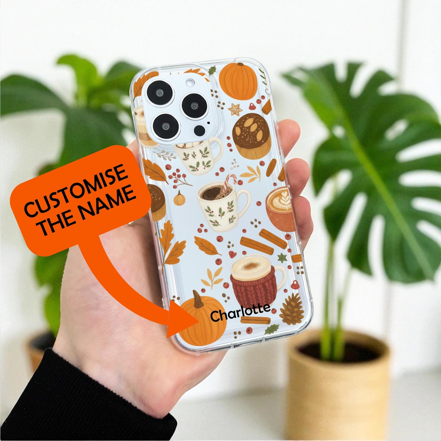 Autumn Pumpkin Coffee Clear Phone Case for iPhone 17 16 15 14 13 12 11 11 Pro Max Mini 7 8 XR X Shockproof Slim Phone Cover Custom Name