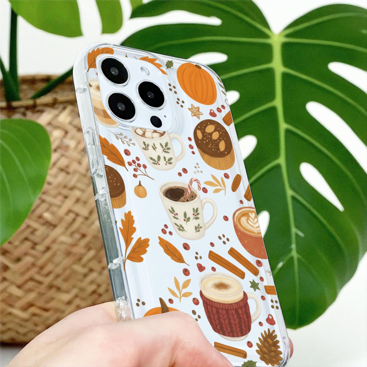 Autumn Pumpkin Coffee Clear Phone Case for iPhone 17 16 15 14 13 12 11 11 Pro Max Mini 7 8 XR X Shockproof Slim Phone Cover Custom Name