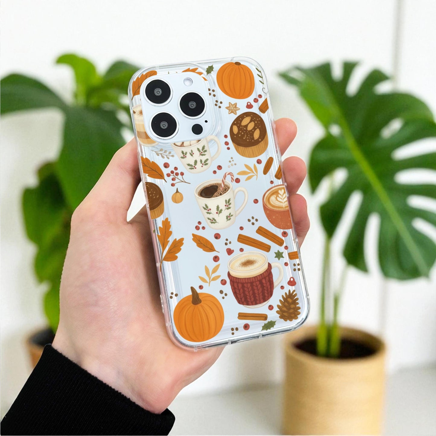 Autumn Pumpkin Coffee Clear Phone Case for iPhone 17 16 15 14 13 12 11 11 Pro Max Mini 7 8 XR X Shockproof Slim Phone Cover Custom Name