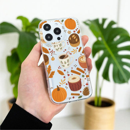 Autumn Pumpkin Coffee Clear Phone Case for iPhone 17 16 15 14 13 12 11 11 Pro Max Mini 7 8 XR X Shockproof Slim Phone Cover Custom Name