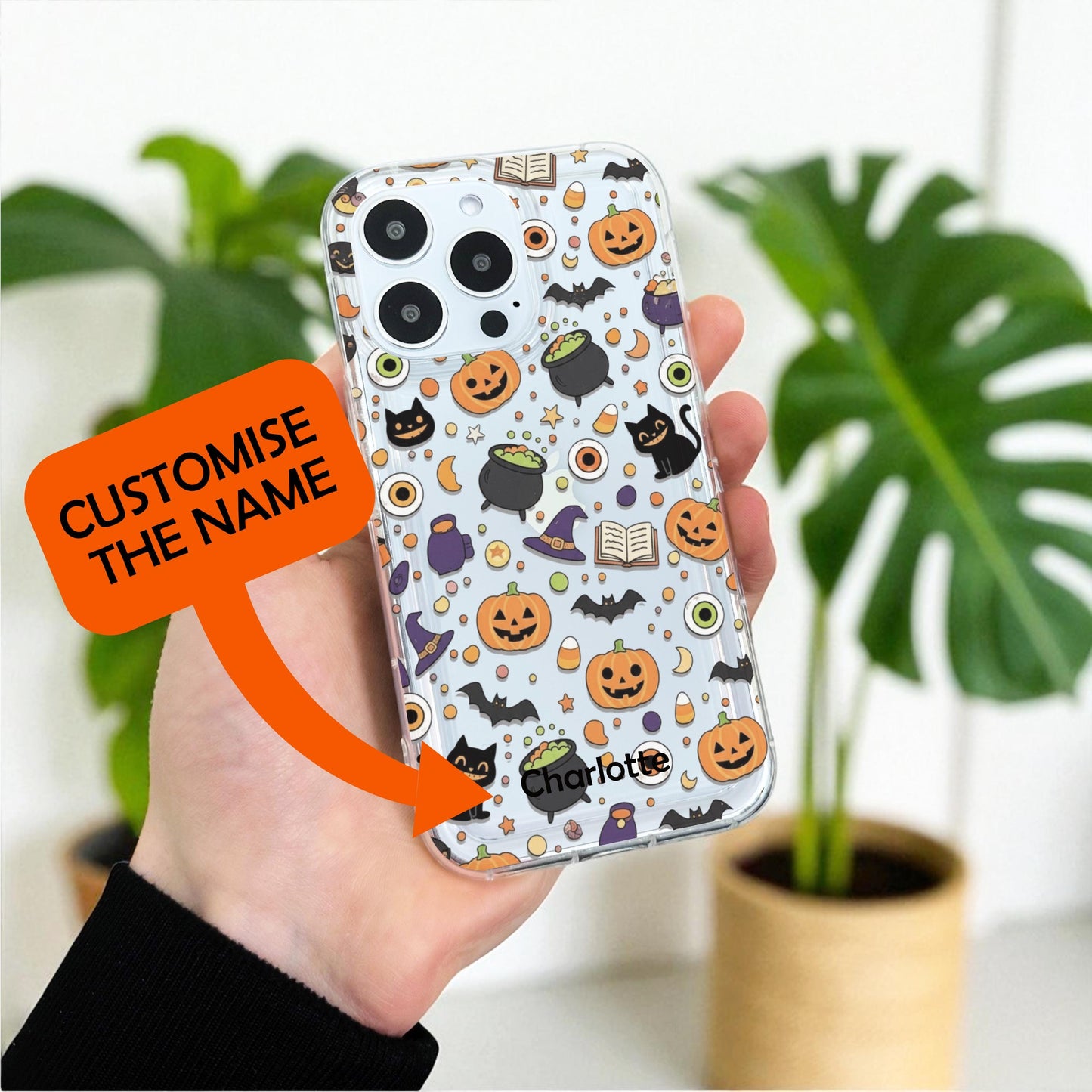 Halloween Scary Pumpkin Bat Clear Phone Case for iPhone 17 16 15 14 13 12 11 11 Pro Max Mini 7 8 XR Shockproof Slim Phone Cover Custom Name