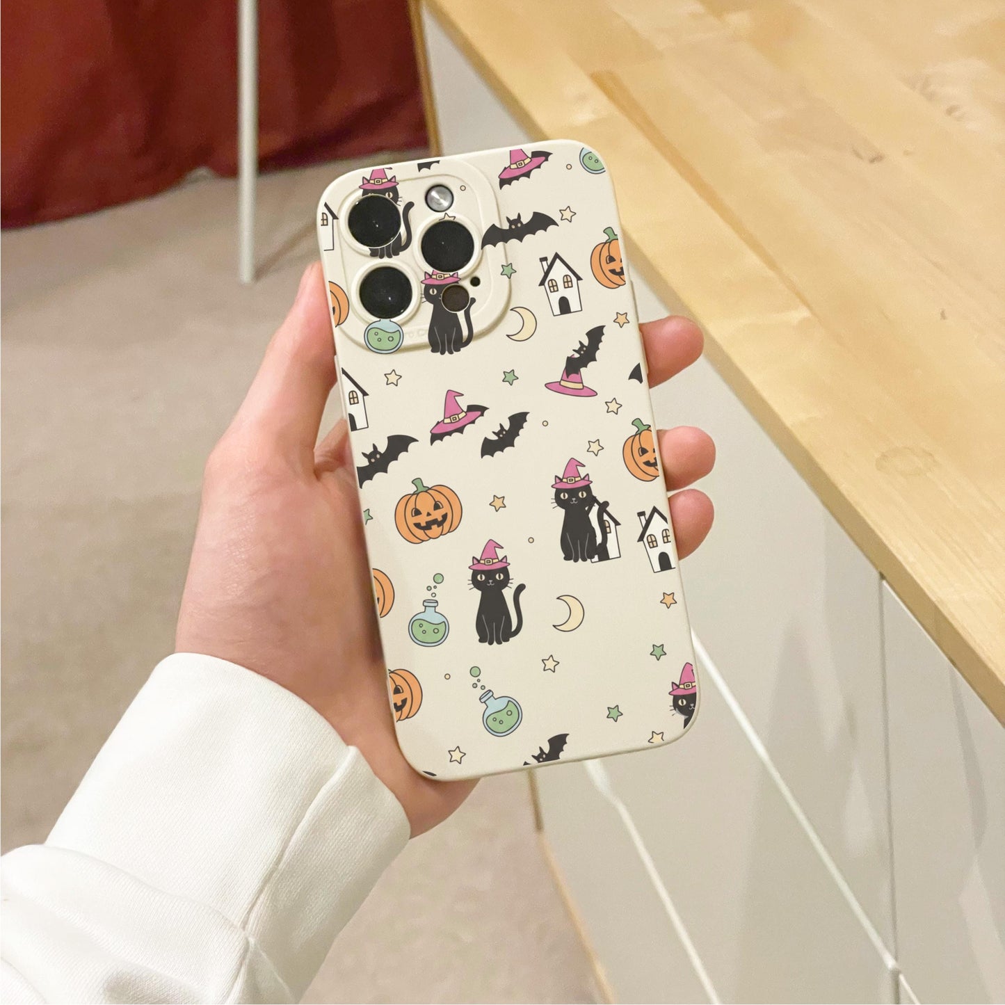 Halloween Bat Pumpkin Cat Beige Phone Case for iPhone 17 16 15 14 13 12 11 11 Pro Max Mini 7 8 XR XS X Shockproof Phone Cover Custom Name