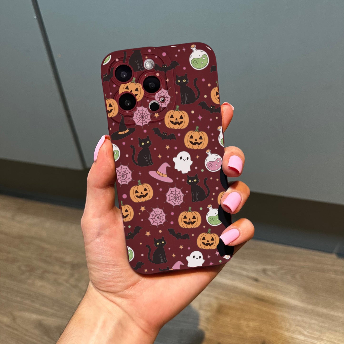 Halloween Ghost Pumpkin Burgundy Phone Case for iPhone 17 16 15 14 13 12 11 11 Pro Max Mini 7 8 XR XS X Shockproof Phone Cover Custom Name