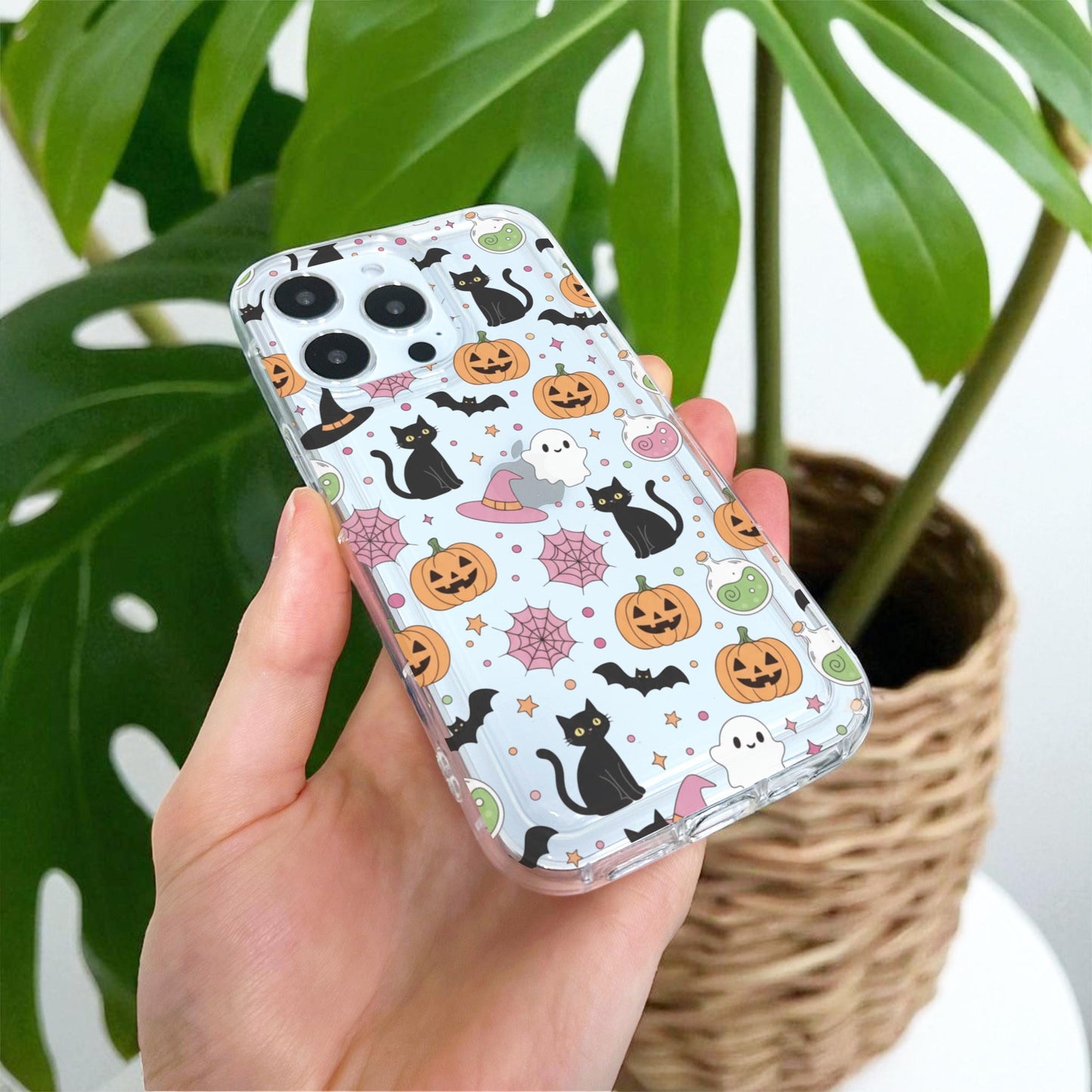 Halloween Pumpkin Ghost Cat Clear Phone Case for iPhone 17 16 15 14 13 12 11 11 Pro Max Mini 7 8 XR Shockproof Slim Phone Cover Custom Name