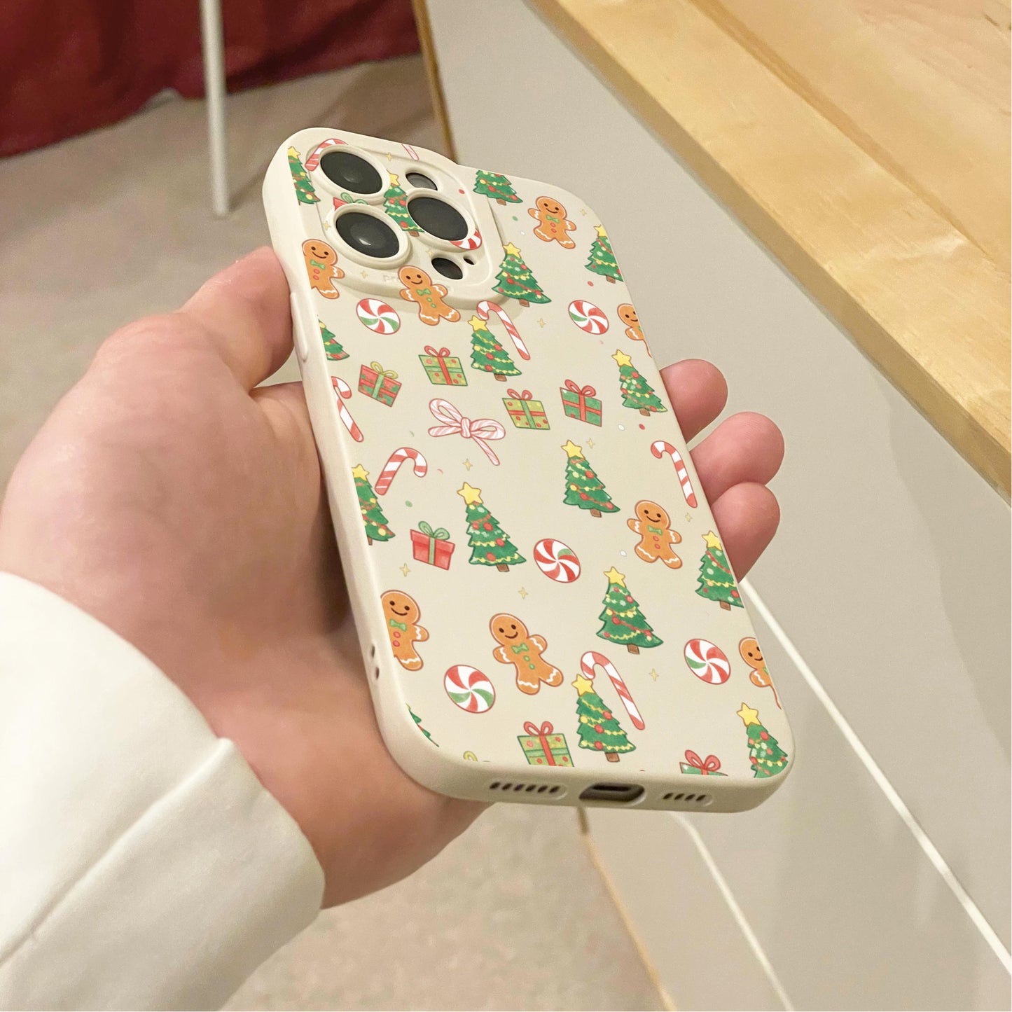 Christmas Tree Gingerbread Cane Bow Beige Phone Case for iPhone 17 16 15 14 13 12 11 11 Pro Max Mini 7 XR Shockproof Phone Cover Custom Name