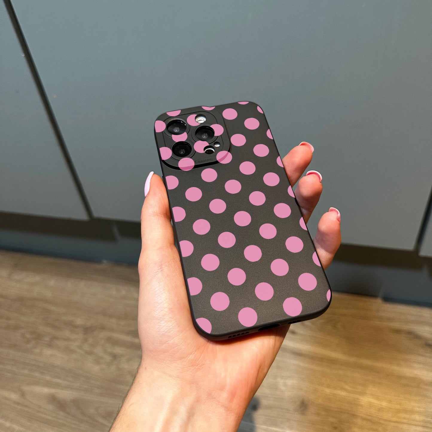 Pink Polka Dot Pattern Black Phone Case for iPhone 17 16 15 14 13 12 11 11 Pro Max Mini 7 8 XR XS X Shockproof Phone Cover Personalised Name