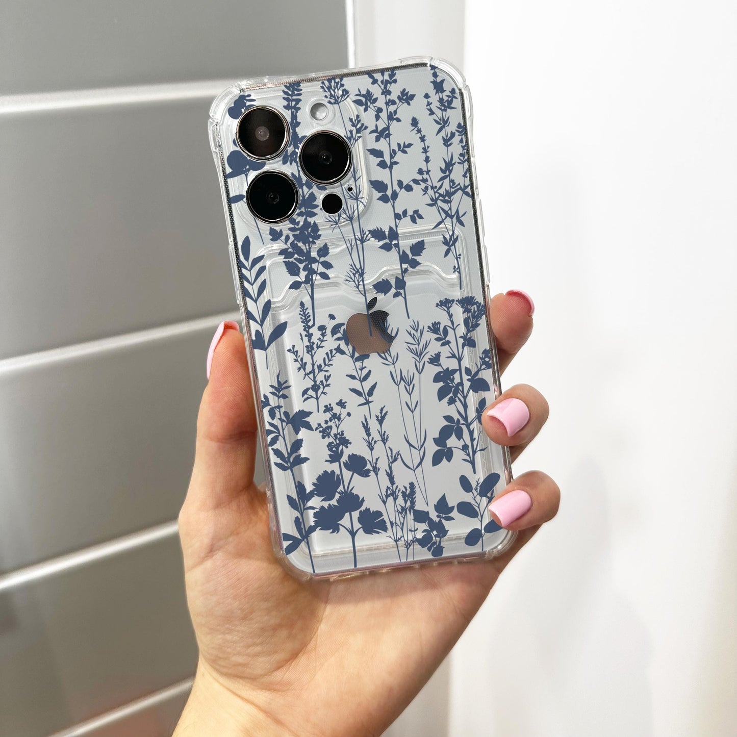 Blue Wild Flower Floral  Card Holder Phone Case for iPhone 17 16 15 14 13 12 11 11 Pro Max Mini 7 8 XR Wallet Shockproof Phone Cover