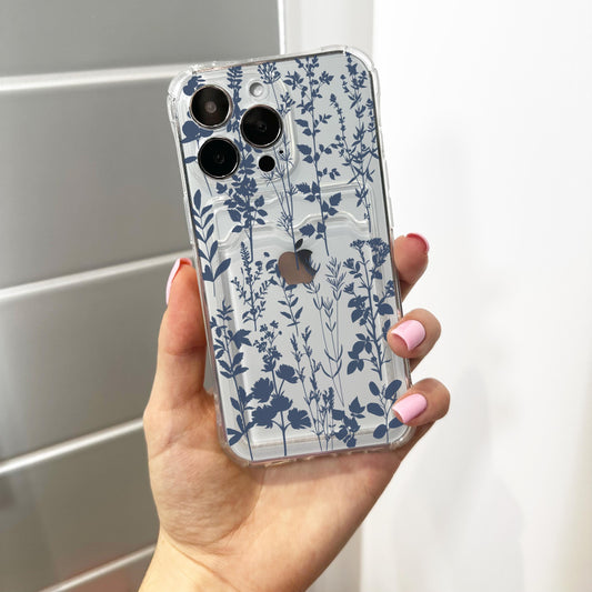 Blue Wild Flower Floral  Card Holder Phone Case for iPhone 17 16 15 14 13 12 11 11 Pro Max Mini 7 8 XR Wallet Shockproof Phone Cover
