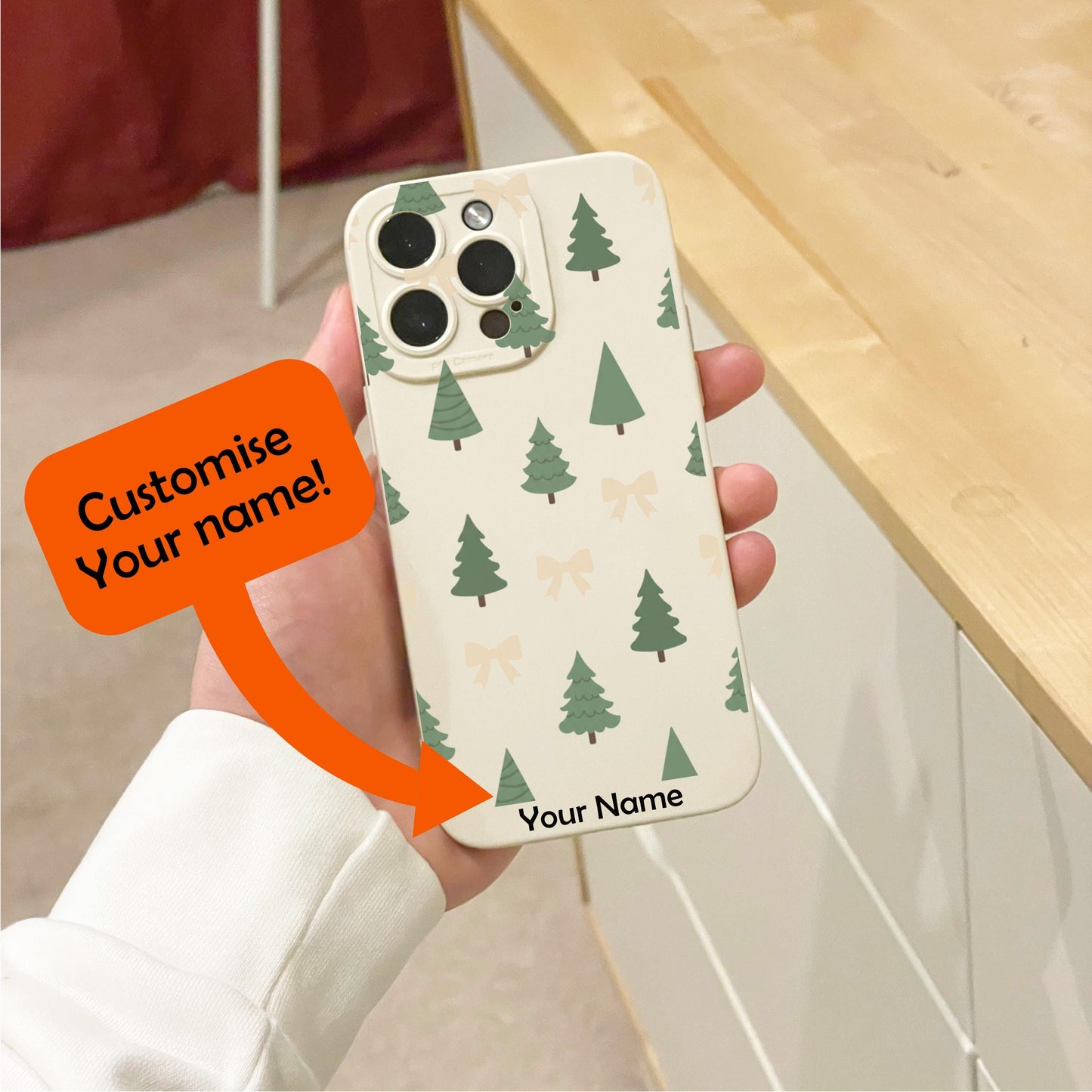 Christmas Tree and Bow Beige Phone Case for iPhone 17 16 15 14 13 12 11 11 Pro Max Mini 7 8 XR XS X Shockproof Phone Cover with Custom Name