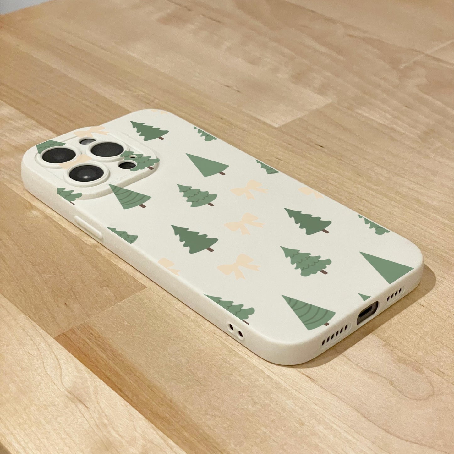 Christmas Tree and Bow Beige Phone Case for iPhone 17 16 15 14 13 12 11 11 Pro Max Mini 7 8 XR XS X Shockproof Phone Cover with Custom Name