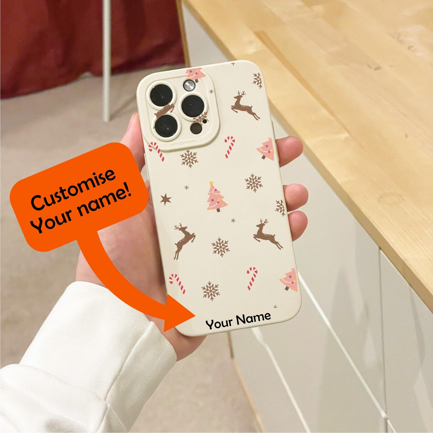 Christmas Tree Snowflake Reindeer Beige Phone Case for iPhone 17 16 15 14 13 12 11 11 Pro Max Mini 7 8 XR XS X Shockproof Phone Cover Custom