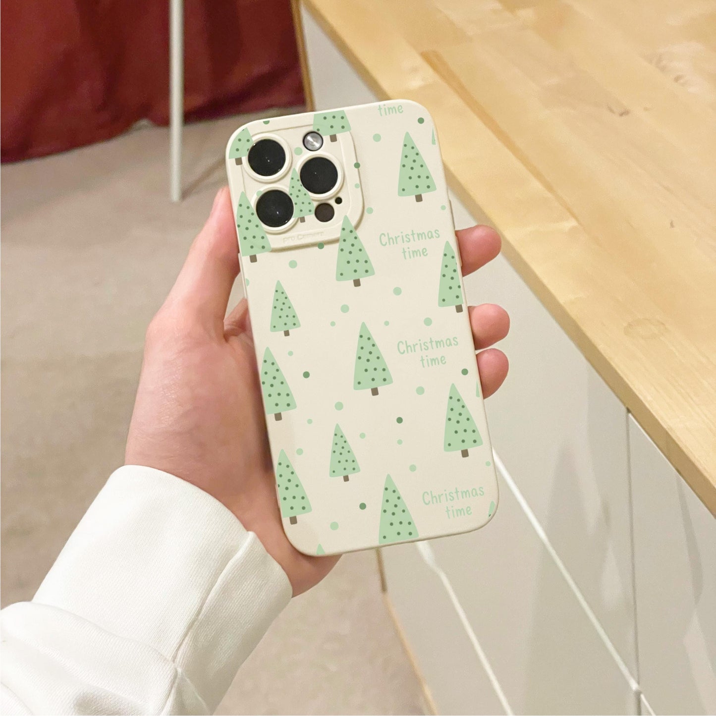 Christmas Tree Beige Phone Case for iPhone 17 16 15 14 13 12 11 11 Pro Max Mini 7 8 XR XS X Shockproof Phone Cover with Custom Name