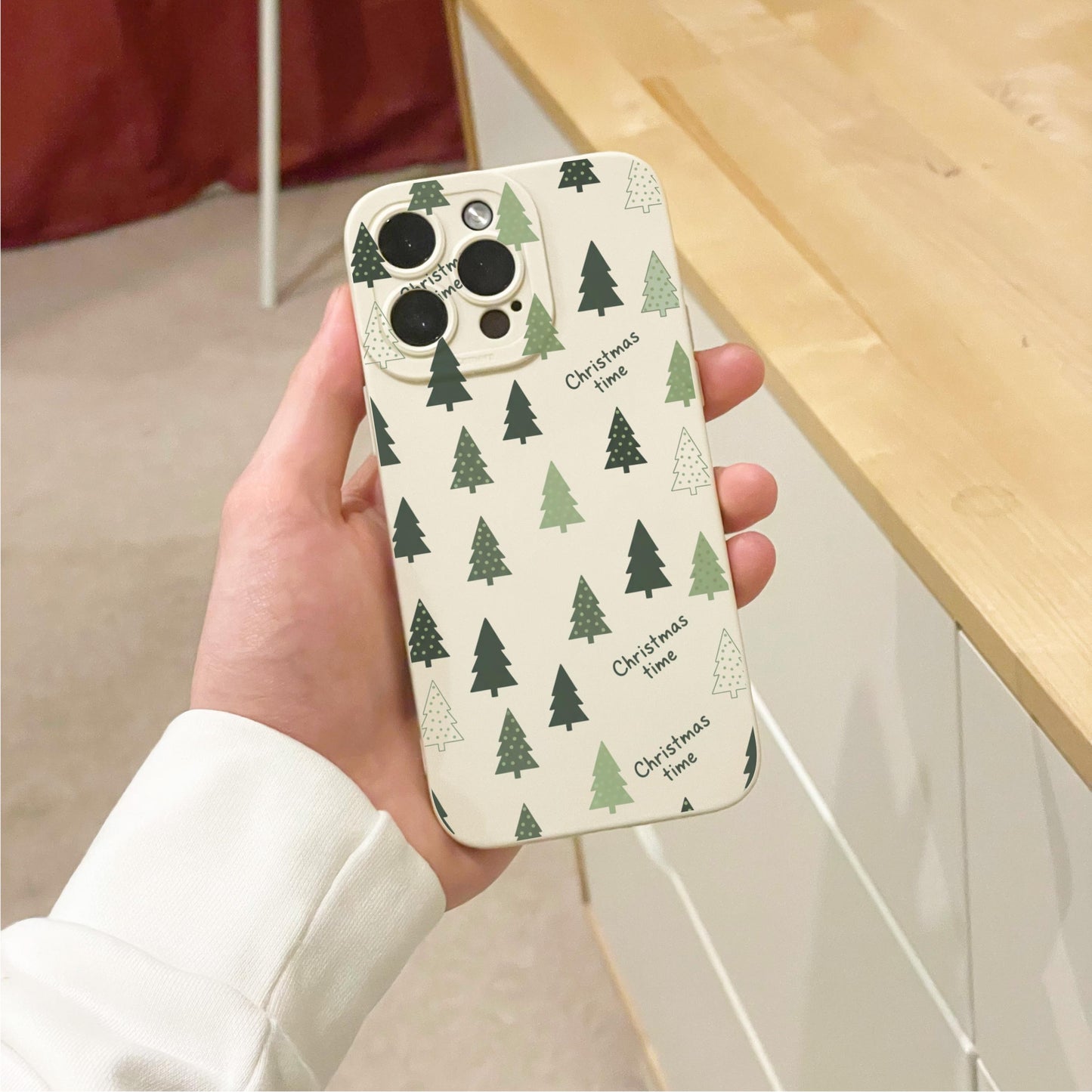 Christmas Tree Pattern Beige Phone Case for iPhone 17 16 15 14 13 12 11 11 Pro Max Mini 7 8 XR XS X Shockproof Phone Cover with Custom Name