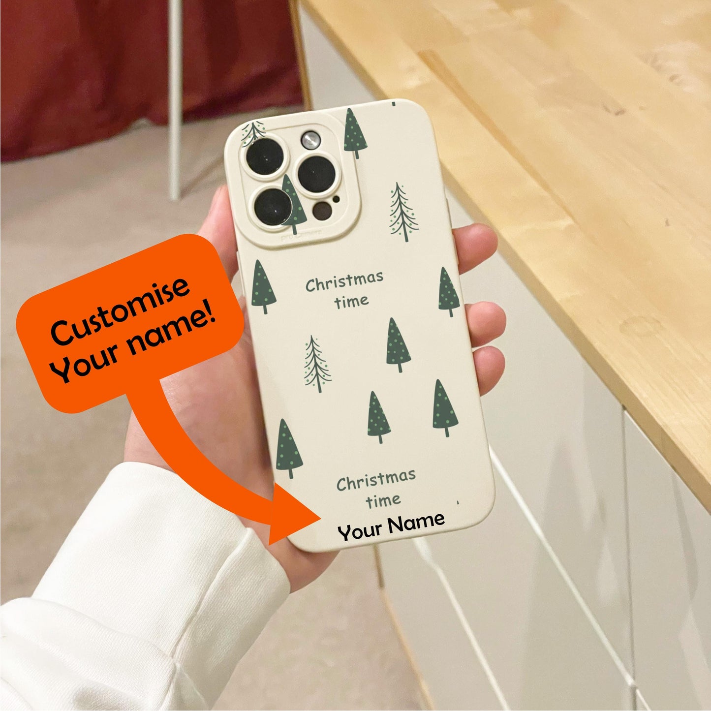 Christmas Tree Pattern Beige Phone Case for iPhone 17 16 15 14 13 12 11 11 Pro Max Mini 7 8 XR XS X Shockproof Phone Cover with Custom Name