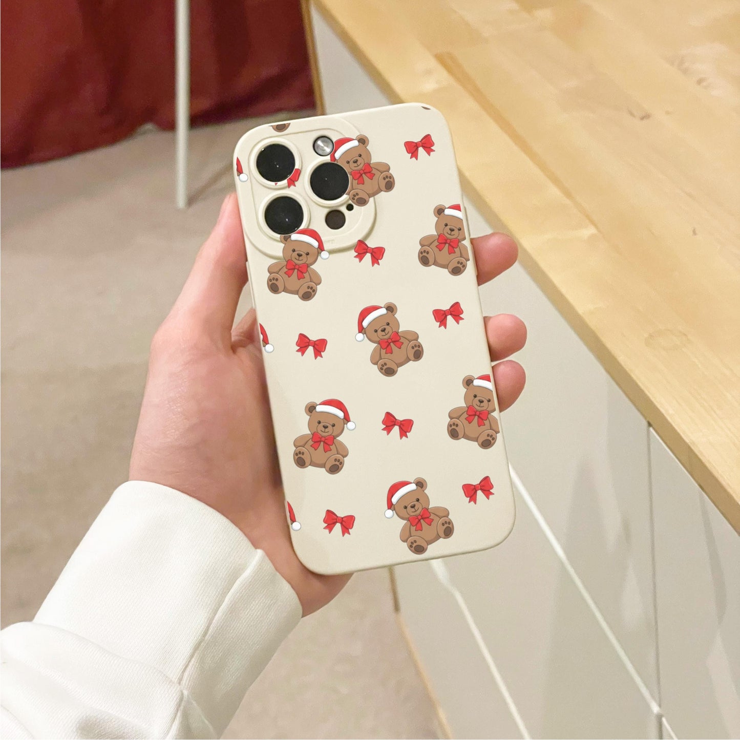 Christmas Teddy Bear Bow Beige Phone Case for iPhone 17 16 15 14 13 12 11 11 Pro Max Mini 7 8 XR XS X Shockproof Phone Cover Custom Name
