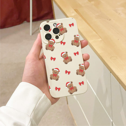 Christmas Teddy Bear Bow Beige Phone Case for iPhone 17 16 15 14 13 12 11 11 Pro Max Mini 7 8 XR XS X Shockproof Phone Cover Custom Name