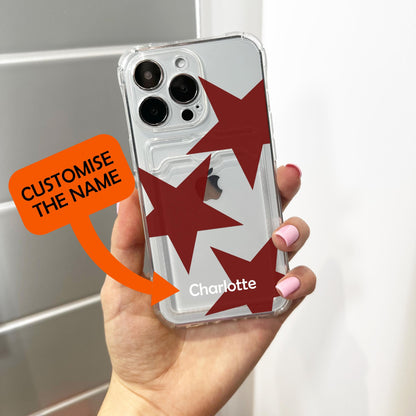 Red Retro Star Pattern Card Holder Phone Case for iPhone 17 16 15 14 13 12 11 11 Pro Max Mini 7 8 XR Wallet Shockproof Phone Cover