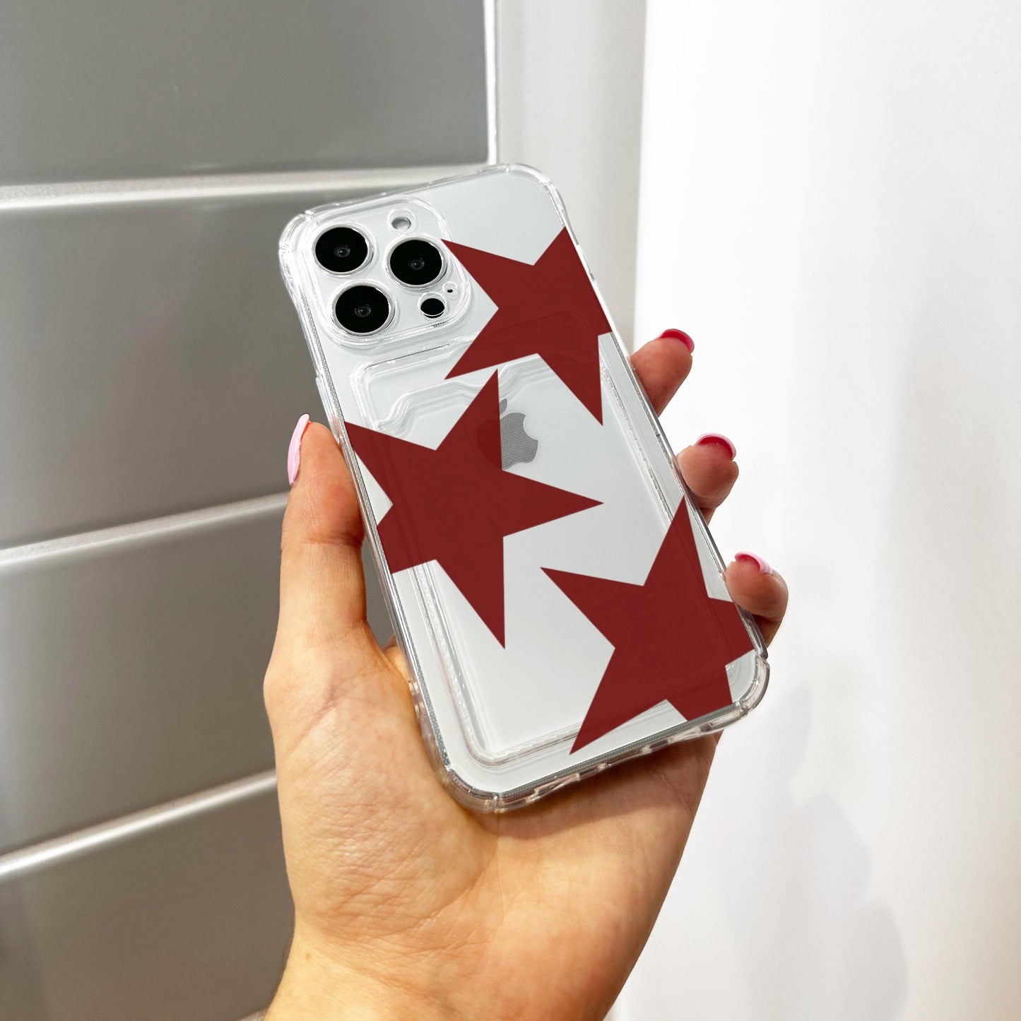 Red Retro Star Pattern Card Holder Phone Case for iPhone 17 16 15 14 13 12 11 11 Pro Max Mini 7 8 XR Wallet Shockproof Phone Cover