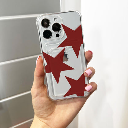 Red Retro Star Pattern Card Holder Phone Case for iPhone 17 16 15 14 13 12 11 11 Pro Max Mini 7 8 XR Wallet Shockproof Phone Cover