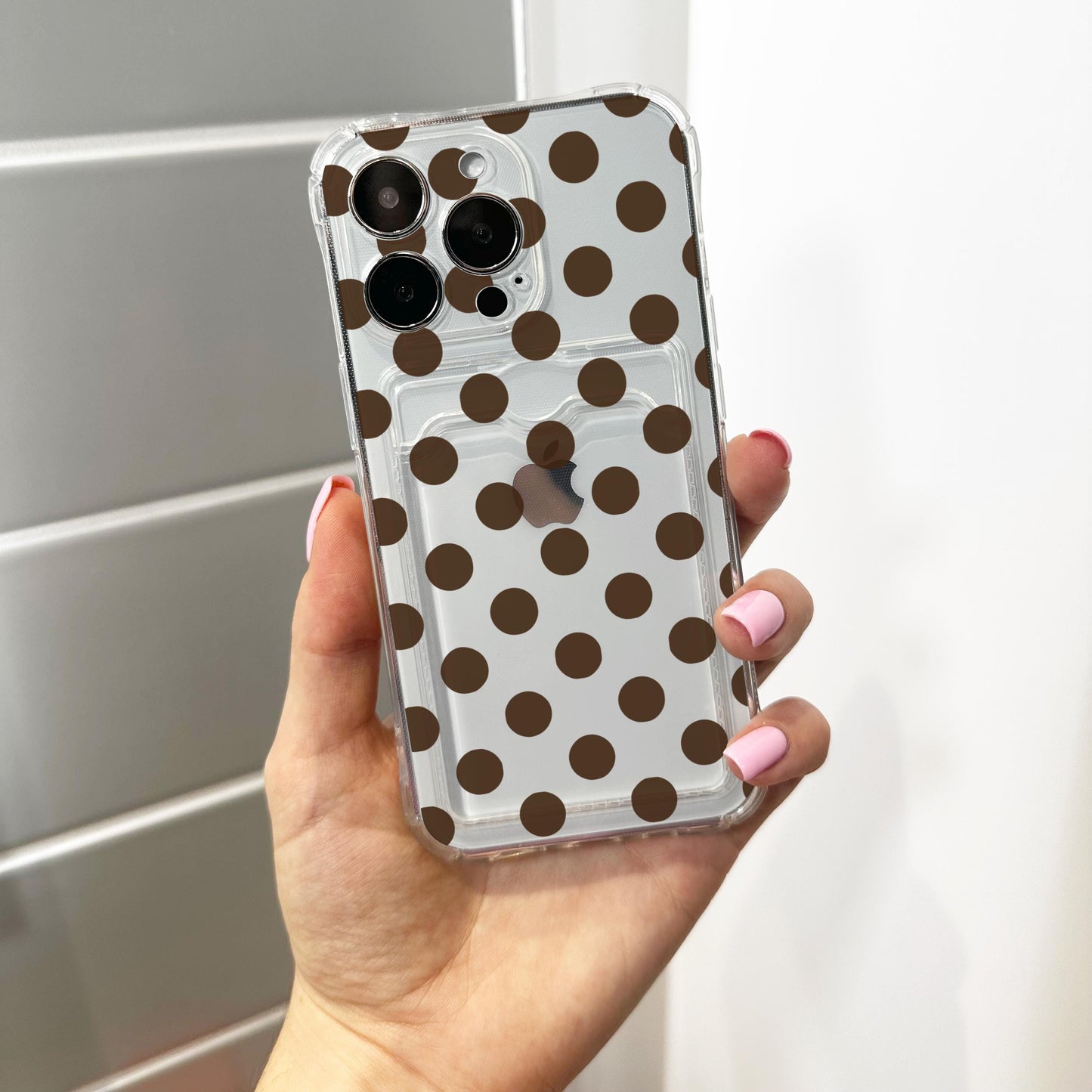 Brown Polka Dot Card Holder Phone Case for iPhone 17 16 15 14 13 12 11 11 Pro Max Mini 7 8 XR XS X Wallet Shockproof Phone Cover Custom Name