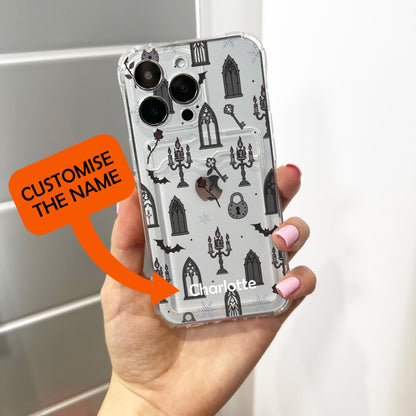 Gothic Halloween Card Holder Phone Case for iPhone 17 16 15 14 13 12 11 11 Pro Max Mini 7 8 XR X Wallet Shockproof Phone Cover Custom Name