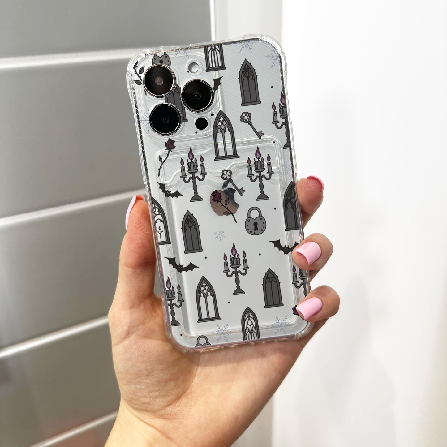 Gothic Halloween Card Holder Phone Case for iPhone 17 16 15 14 13 12 11 11 Pro Max Mini 7 8 XR X Wallet Shockproof Phone Cover Custom Name