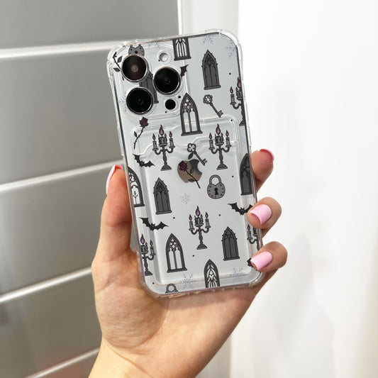 Gothic Halloween Card Holder Phone Case for iPhone 17 16 15 14 13 12 11 11 Pro Max Mini 7 8 XR X Wallet Shockproof Phone Cover Custom Name