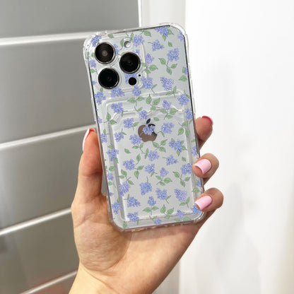 Blue Lilac Floral Card Holder Phone Case for iPhone 17 16 15 14 13 12 11 11 Pro Max Mini 7 8 XR X Wallet Shockproof Phone Cover Custom Name