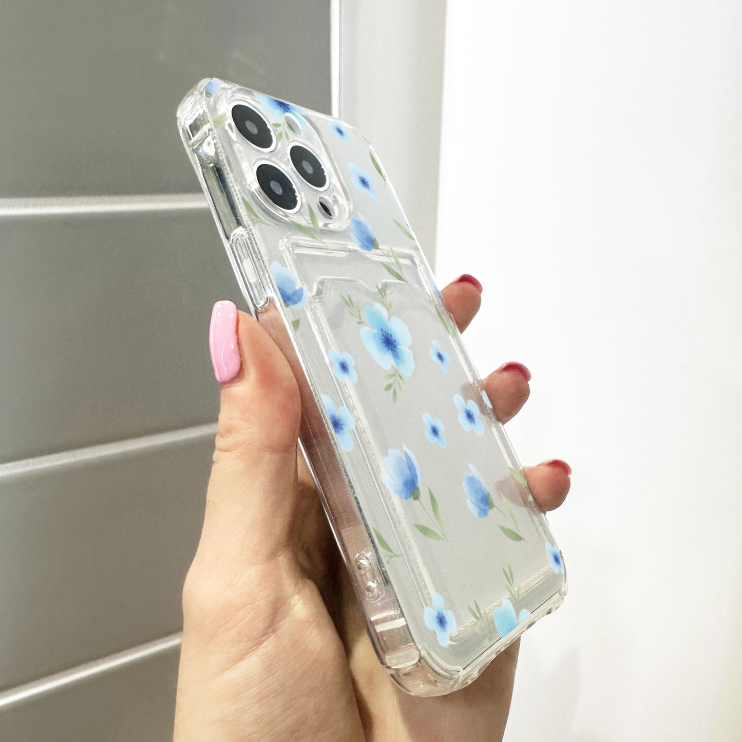 Blue Watercolour Floral Clear Phone Case for iPhone 17 16 15 14 13 12 11 11 Pro Max Mini 7 8 XR Shockproof Slim Phone Cover with Custom Name