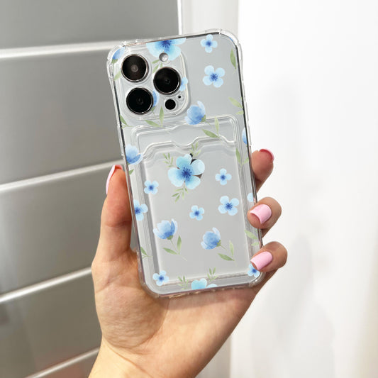 Blue Watercolour Floral Clear Phone Case for iPhone 17 16 15 14 13 12 11 11 Pro Max Mini 7 8 XR Shockproof Slim Phone Cover with Custom Name