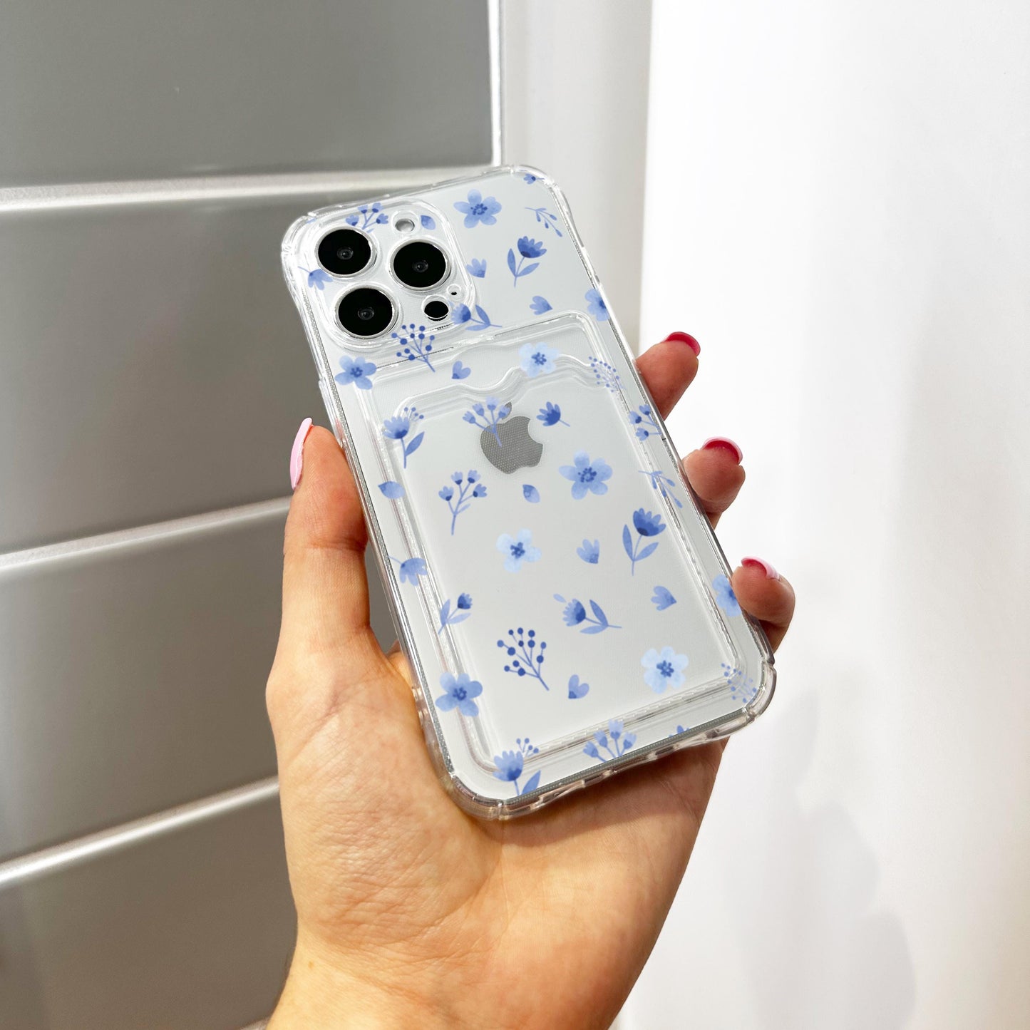 Blue Watercolour Floral Card Holder Phone Case for iPhone 17 16 15 14 13 12 11 11 Pro Max Mini 7 8 XR XS X Wallet Shockproof Phone Cover