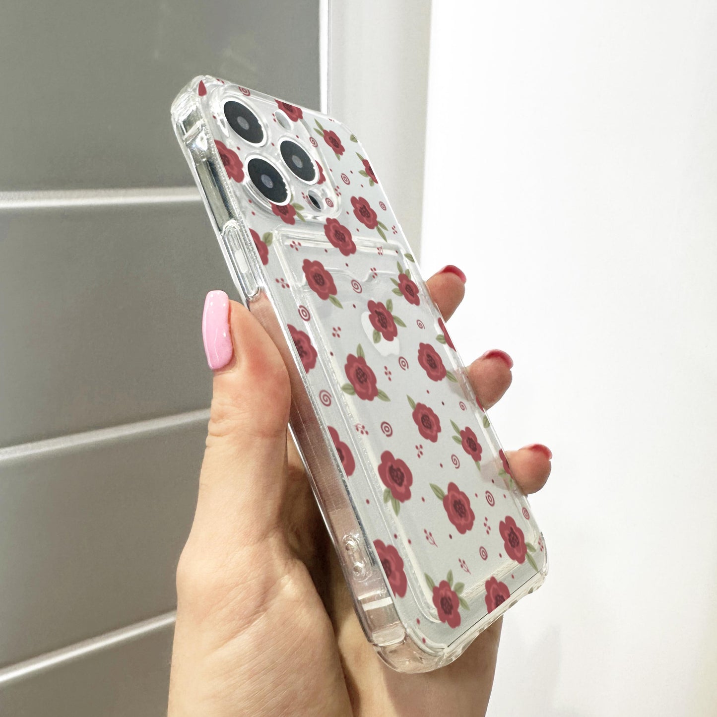 Burgundy Floral Rose Card Holder Phone Case for iPhone 17 16 15 14 13 12 11 11 Pro Max Mini 7 8 XR XS X Wallet Shockproof Phone Cover Custom