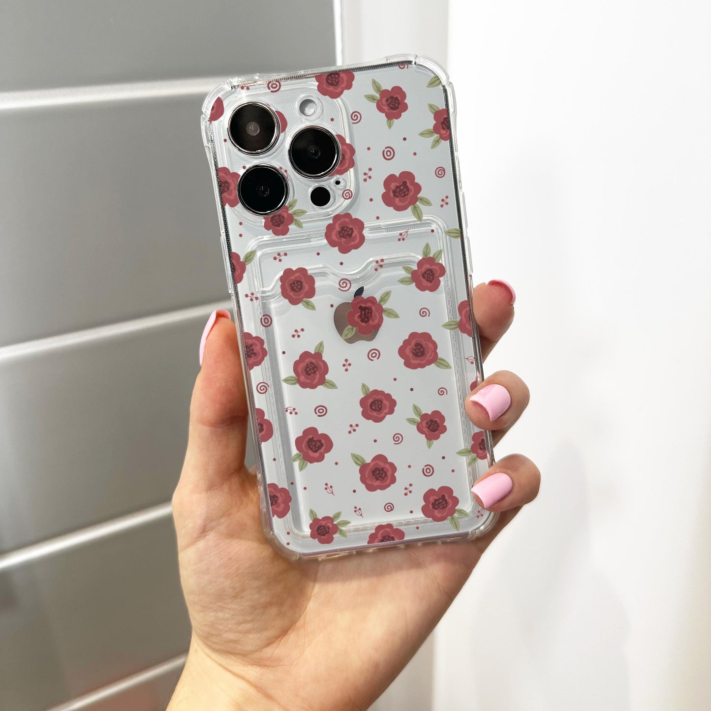 Burgundy Floral Rose Card Holder Phone Case for iPhone 17 16 15 14 13 12 11 11 Pro Max Mini 7 8 XR XS X Wallet Shockproof Phone Cover Custom
