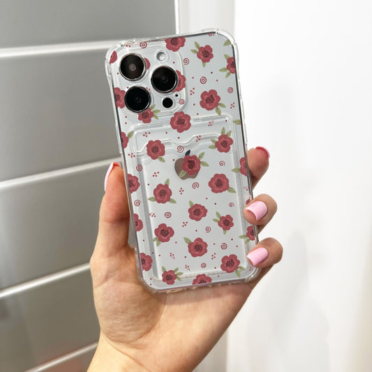 Burgundy Floral Rose Card Holder Phone Case for iPhone 17 16 15 14 13 12 11 11 Pro Max Mini 7 8 XR XS X Wallet Shockproof Phone Cover Custom