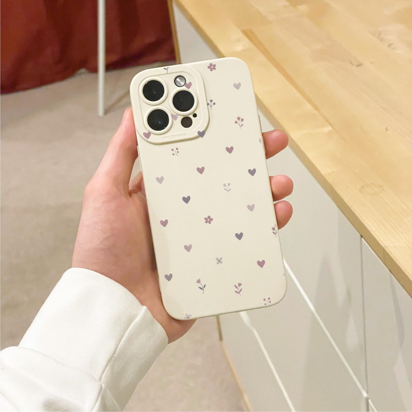Pastel Heart Flower Pattern Beige Phone Case for iPhone 17 16 15 14 13 12 11 11 Pro Max Mini 7 XR X Shockproof Phone Cover Personalised Name
