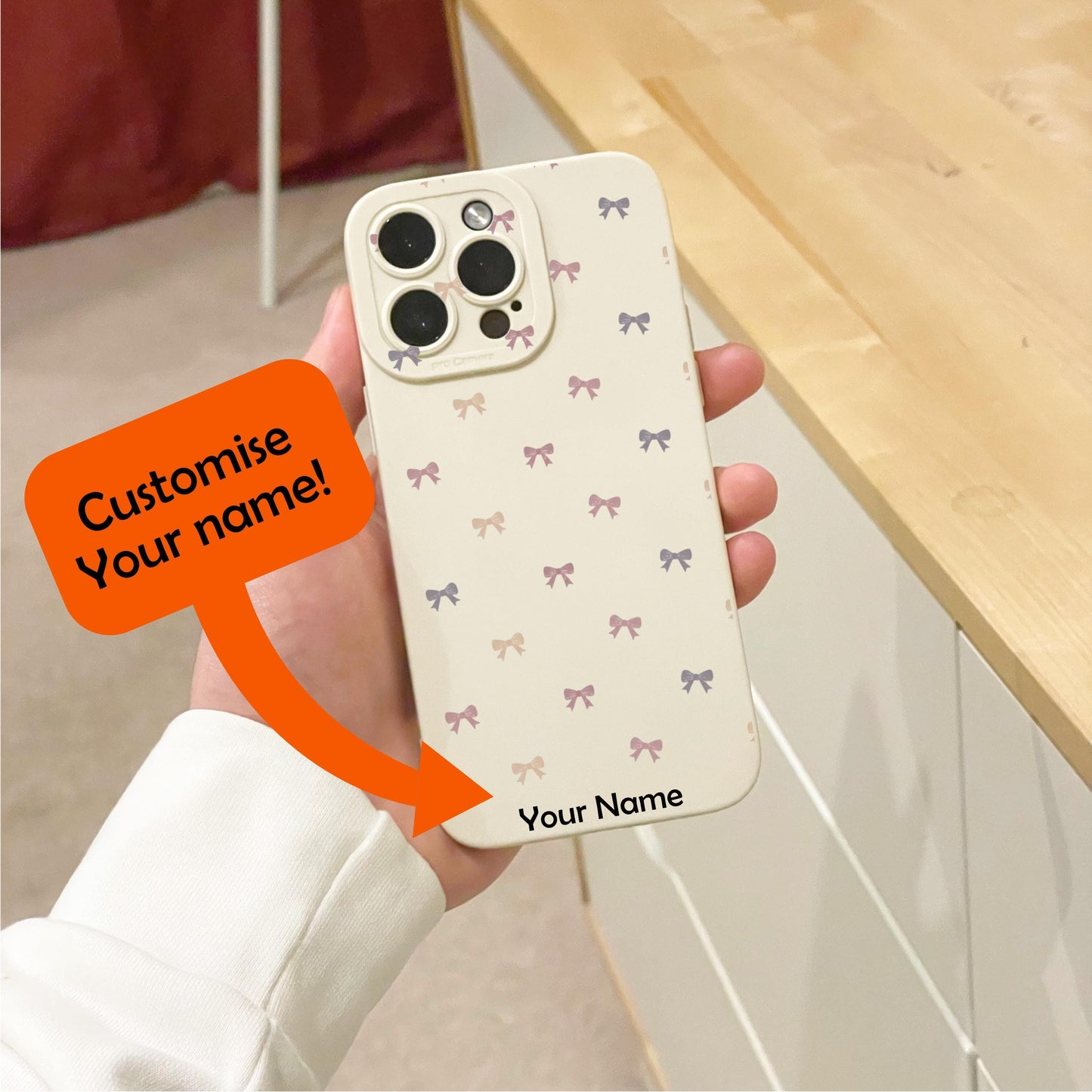 Pastel Bow Beige Phone Case for iPhone 17 16 15 14 13 12 11 11 Pro Max Mini 7 8 XR XS X Shockproof Phone Cover with Custom Name