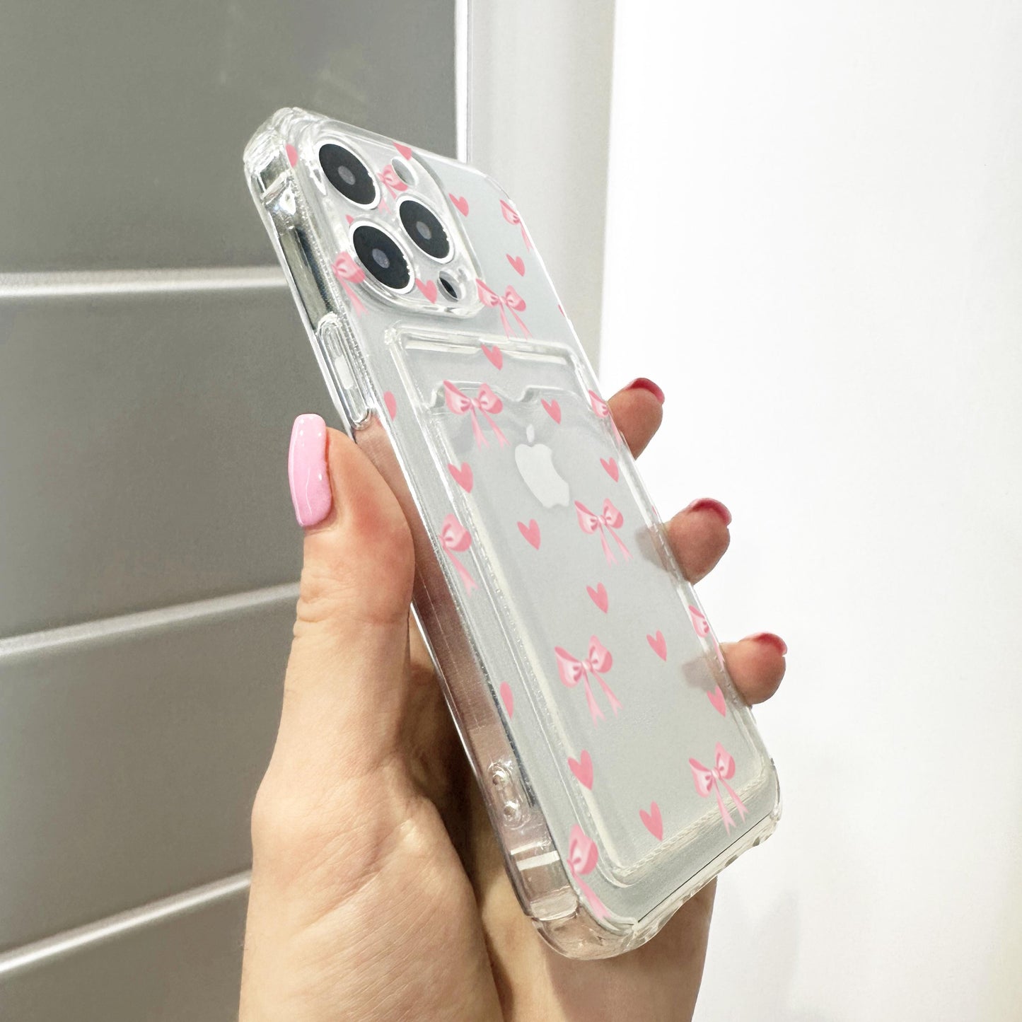Pink Bow Heart Card Holder Phone Case for iPhone 17 16 15 14 13 12 11 11 Pro Max Mini 7 8 XR XS X Wallet Shockproof Phone Cover Custom Name