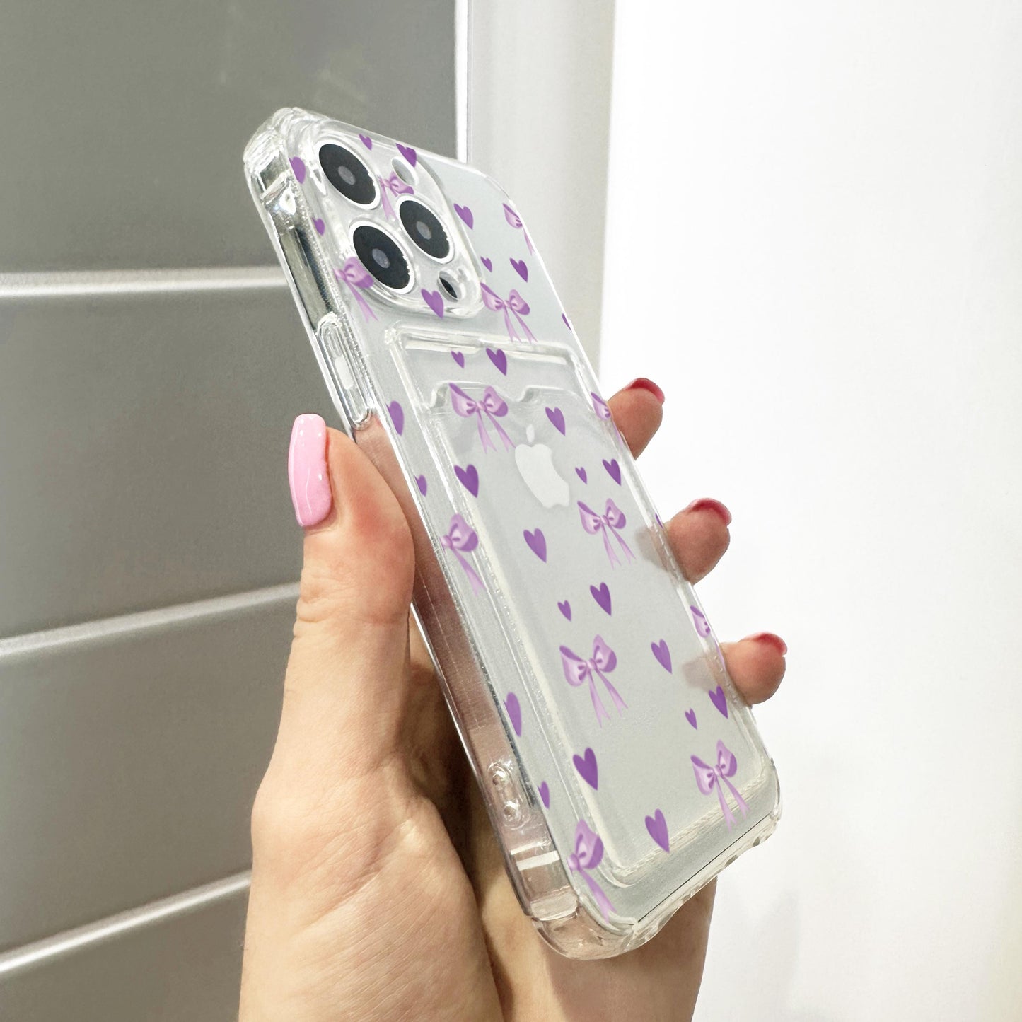 Purple Heart Bow Card Holder Phone Case for iPhone 17 16 15 14 13 12 11 11 Pro Max Mini 7 8 XR X Wallet Shockproof Phone Cover Custom Name
