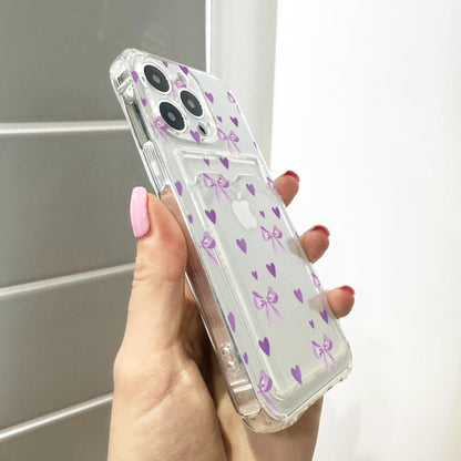 Purple Heart Bow Card Holder Phone Case for iPhone 17 16 15 14 13 12 11 11 Pro Max Mini 7 8 XR X Wallet Shockproof Phone Cover Custom Name