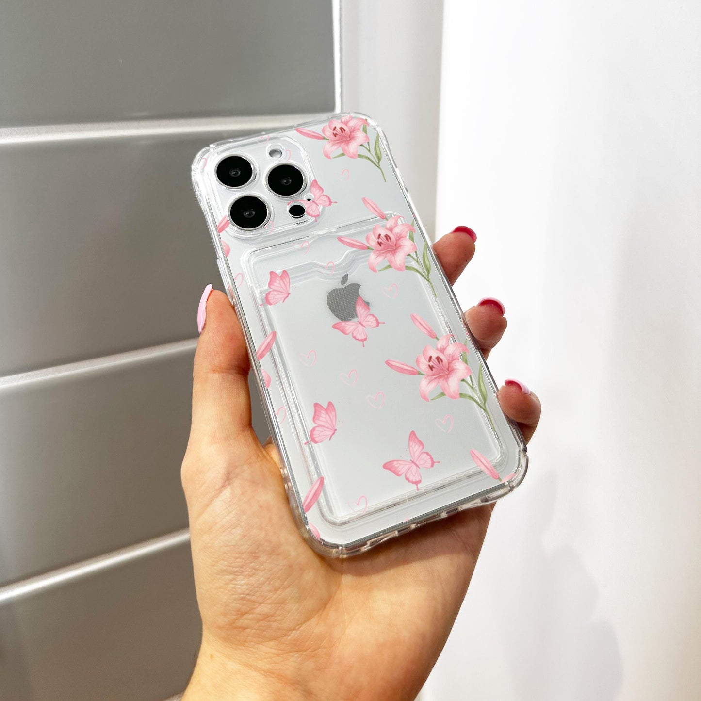 Pink Lily Butterfly Card Holder Phone Case for iPhone 17 16 15 14 13 12 11 11 Pro Max Mini 7 8 XR Wallet Shockproof Phone Cover Custom Name