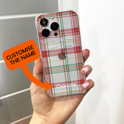 Plaid Tartan Red Green Card Holder Phone Case for iPhone 17 16 15 14 13 12 11 11 Pro Max Mini 7 XR Wallet Shockproof Phone Cover Custom Name