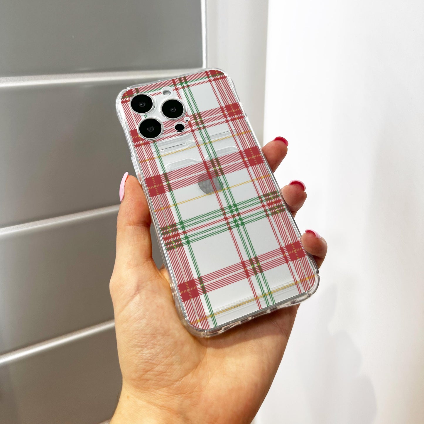 Plaid Tartan Red Green Card Holder Phone Case for iPhone 17 16 15 14 13 12 11 11 Pro Max Mini 7 XR Wallet Shockproof Phone Cover Custom Name