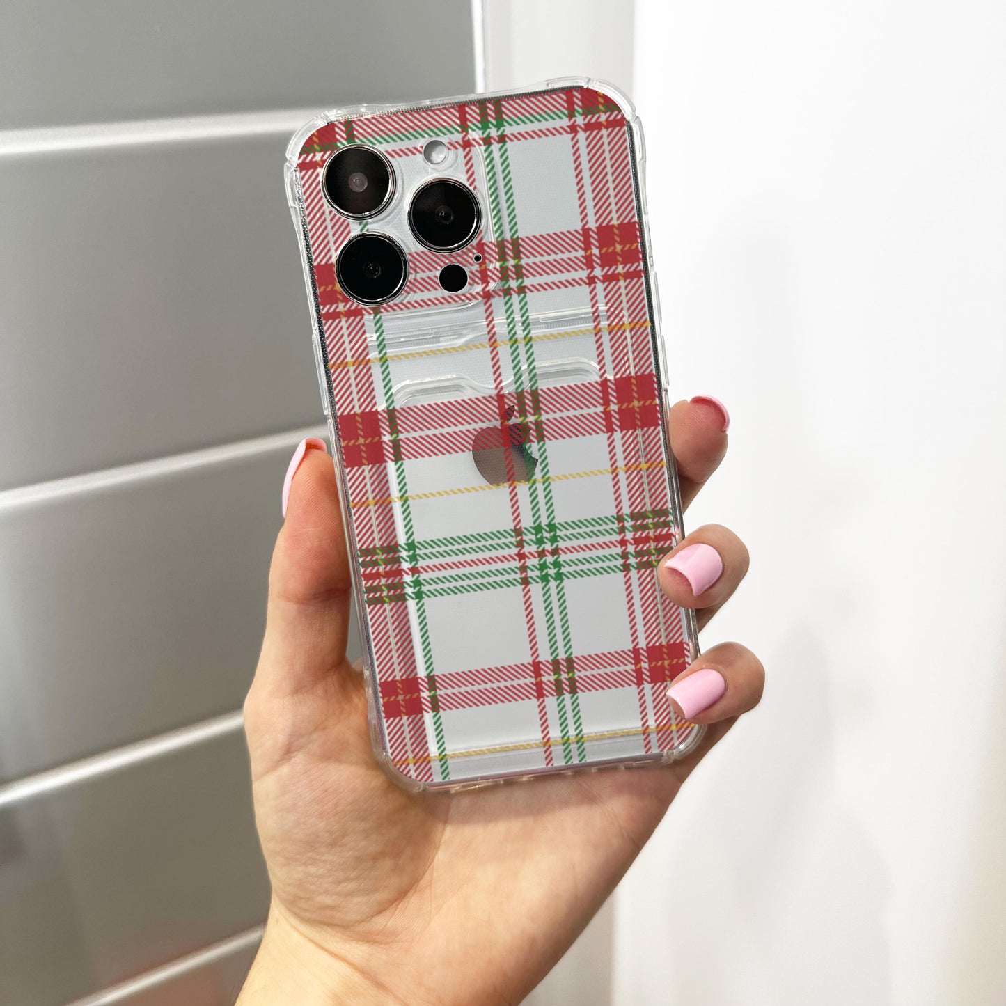 Plaid Tartan Red Green Card Holder Phone Case for iPhone 17 16 15 14 13 12 11 11 Pro Max Mini 7 XR Wallet Shockproof Phone Cover Custom Name