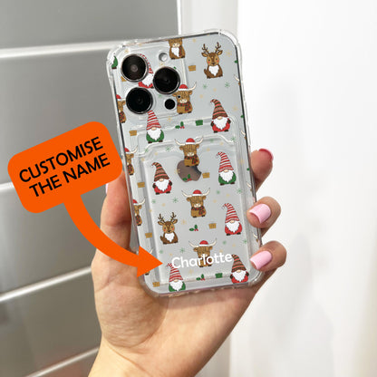 Christmas Gnome Cow Reindeer Card Holder Phone Case for iPhone 17 16 15 14 13 12 11 11 Pro Max Mini XR Wallet Shockproof Phone Cover Custom