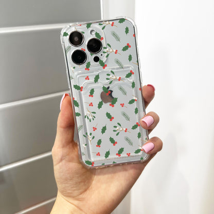 Winter Foliage Holly Mistletoe Card Holder Phone Case for iPhone 17 16 15 14 13 12 11 11 Pro Max Mini 7 8 XR X Wallet Shockproof Phone Cover