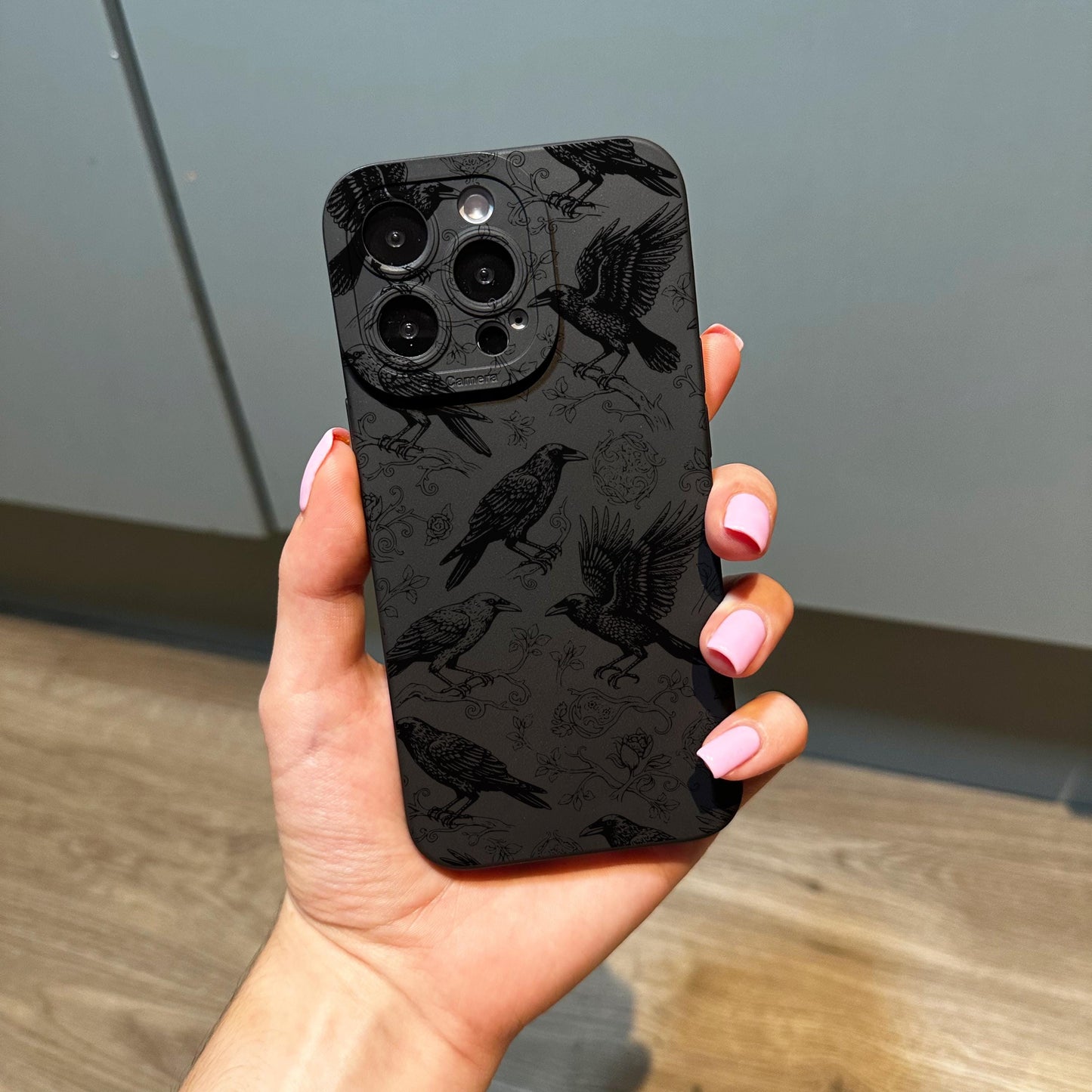 Black Gothic Ornate Ravens Crows Phone Case for iPhone 17 16 15 14 13 12 11 11 Pro Max Mini 7 8 XR Shockproof Phone Cover with Custom Name