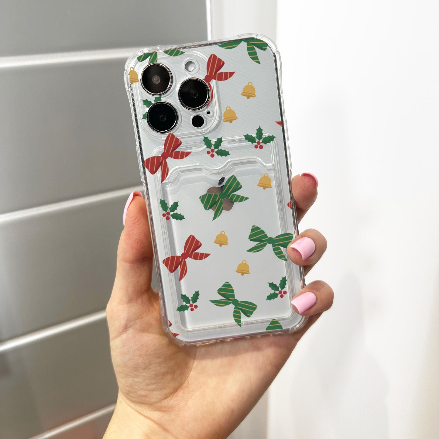 Christmas Bow Card Holder Phone Case for iPhone 17 16 15 14 13 12 11 11 Pro Max Mini 7 8 XR XS X Wallet Shockproof Phone Cover Custom Name